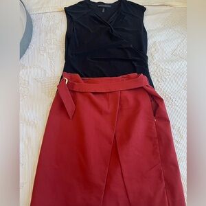 White House Black Market Black Top with Wine Red Midi Wrap Skirt